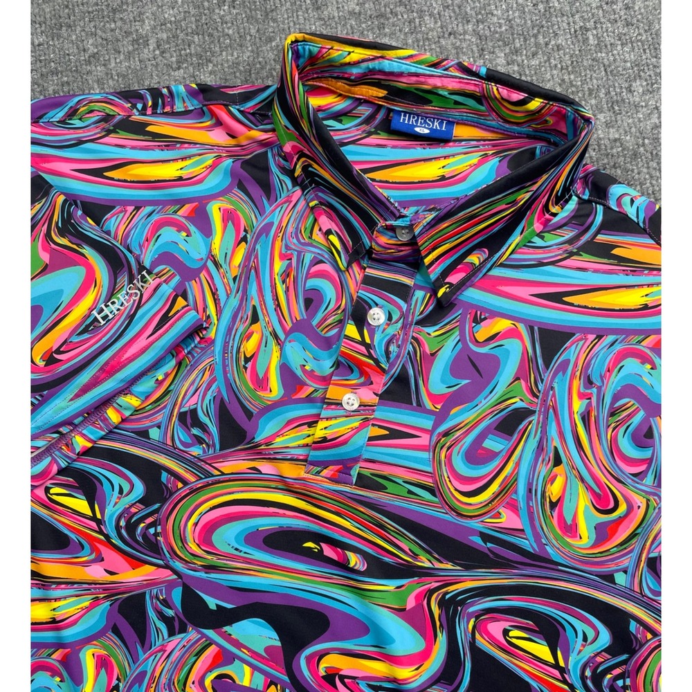 Hreski Polo Shirt Mens XL Multi Color Swirl Psychedelic Golf Performance Top